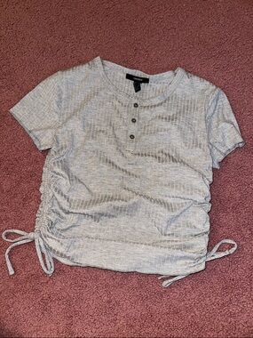 Forever 21 Light Gray Ribbed Henley Short Sleeve Side-Tie Top